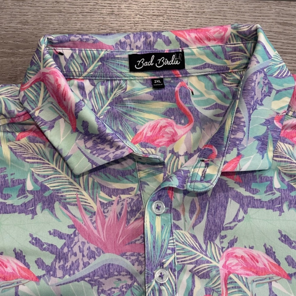 Bad Birdie Golf Polo Mens 2XL Flamingo Tropical Floral Pattern Preppy Casual - Picture 4 of 8